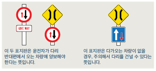 이 두 표지판은 운전자가 다리 반대편에서 오는 차량에 양보해야 한다는 뜻입니다., 이 표지판은 다가오는 차량이 없을 경우, 주의해서 다리를 건널 수 있다는 뜻입니다.