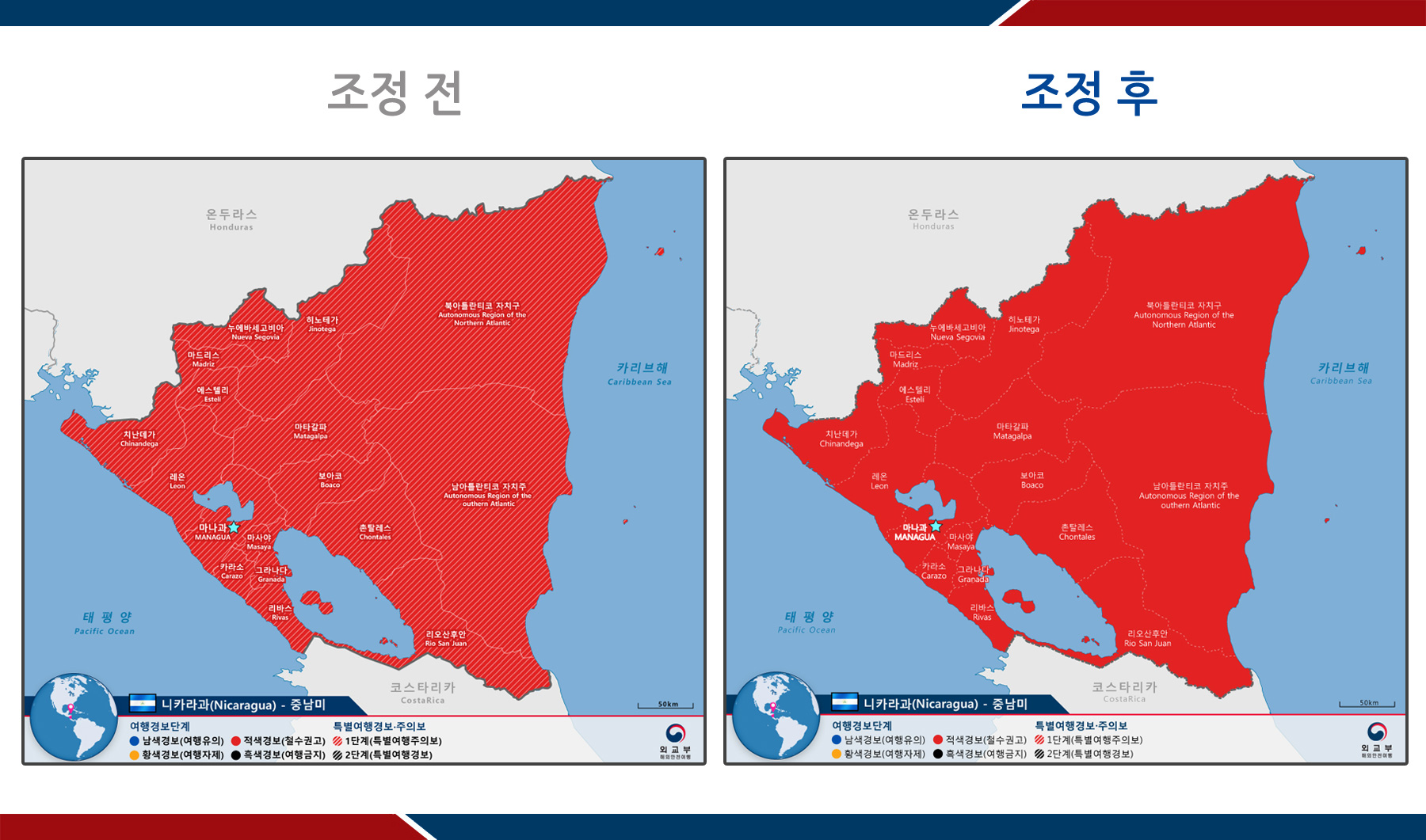 치안 불안 상황이 지속되면서 단기적으로 발령하는 특별여행주의보(철수권고) 발령이 장기화됨에 따라, 니카라과 전 지역에 대한 특별여행주의보가 해제되고 이에 준하는 3단계 여행경보(적색경보, 철수권고)가 발령되었다.